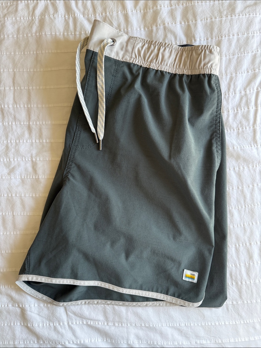 Vuori Olive Green Athletic Shorts with Cream Waistband